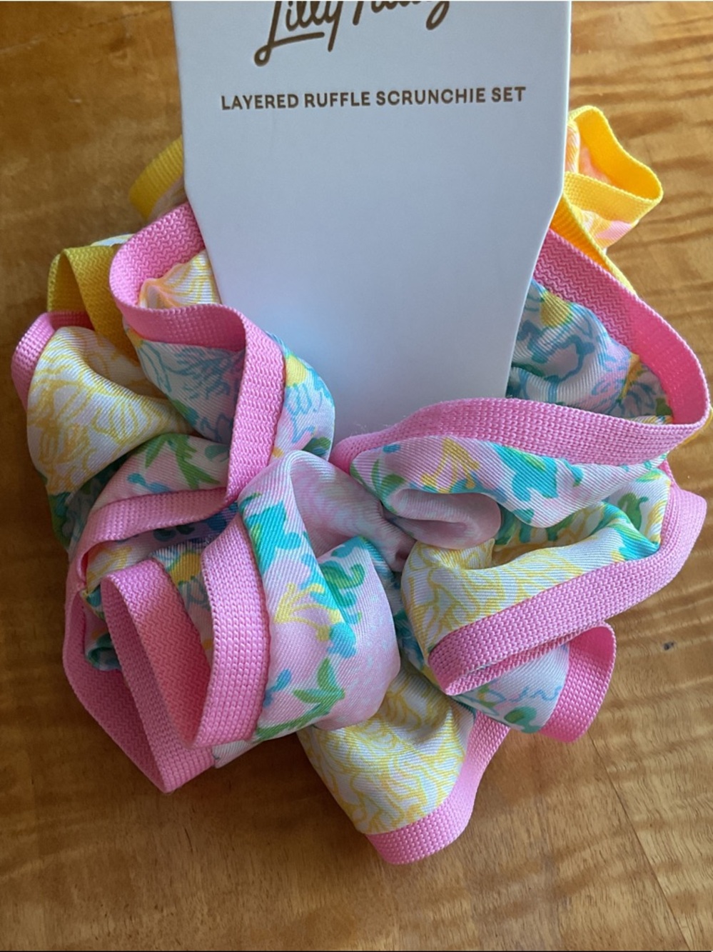 Lilly Pulitzer “Garden Home” Pink Yellow Floral Layered Ruffle Scrunchie Set - Picture 2 of 7